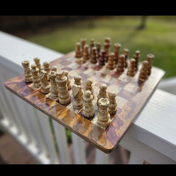 Marble chess set with storage stone chess set handmade chess 12 in chess board - Picture 2 of 15